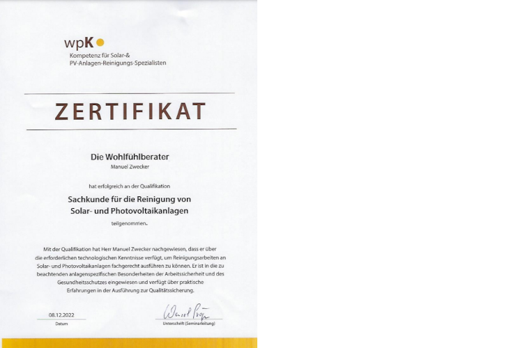 Zertifikat für Manuel Zwecker über die Qualifikation "Sachkunde für die Reinigung von Solar- und Photovoltaikanlagen" von wpK, Kompetenz für Solar- und PV-Anlagen-Reinigungs-Spezialisten.